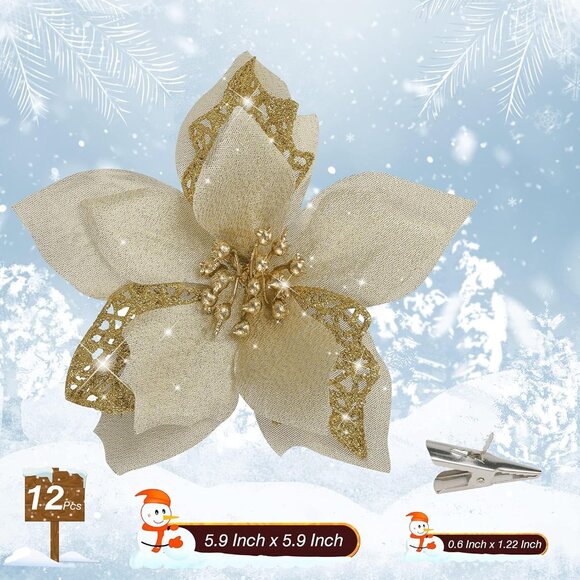 12 PCS Poinsettia Flower‎ Artificial Poinsettia Christmas Decoration 5.9'' Gold - Picture 5 of 7